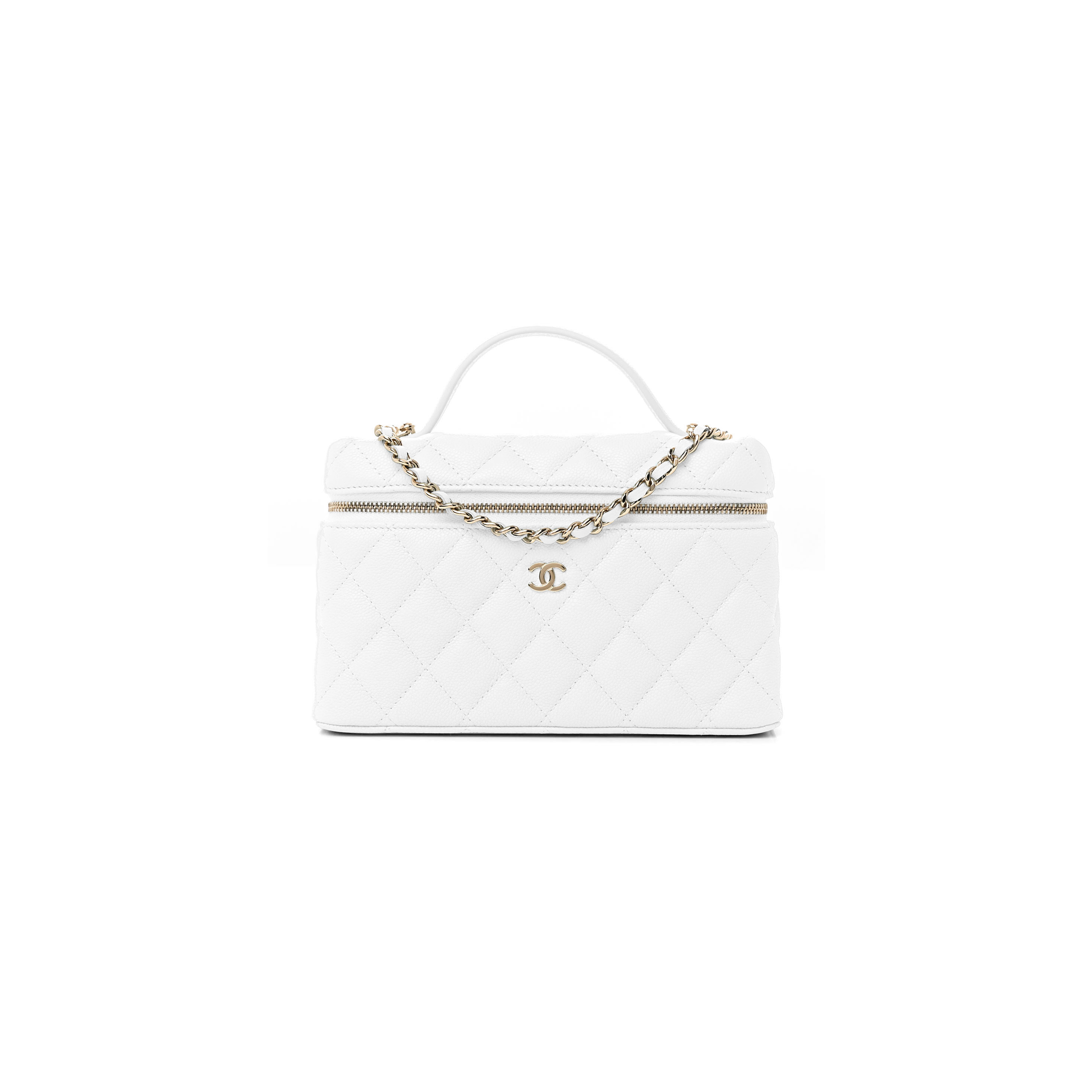 Ch*el cc top handle long vanity case with chain shiny caviar light gold hardware white ap4385 b10581 (19.5*17*5cm)